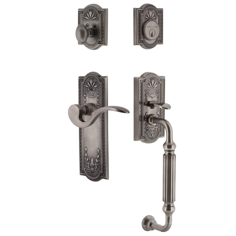Nostalgic Warehouse Meadows Plate F Grip Handleset with Single Cylinder Deadbolt and Manor Lever, Antique Pewter, Right