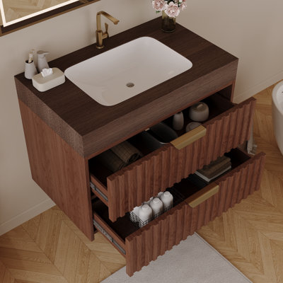 Modern Floating Bathroom Vanity with Seamless Sintered Stone Top & Ceramic Basin – 2 Soft-Close Drawers, Wall-Mounted