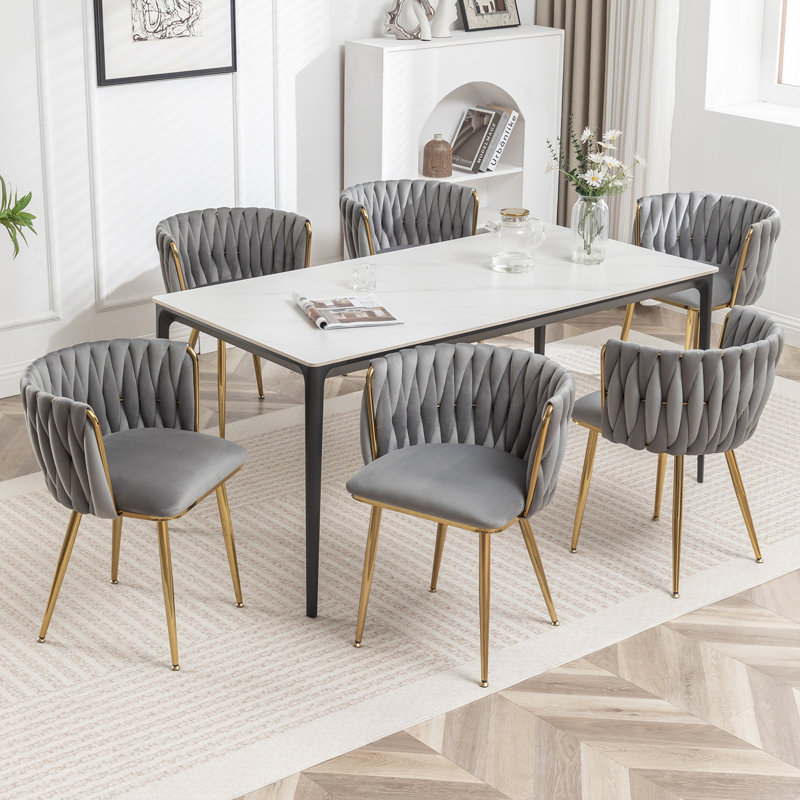 Ensemble de 6 chaises de salle à manger en velours tissé gris avec pieds en métal doré, Gris, 6