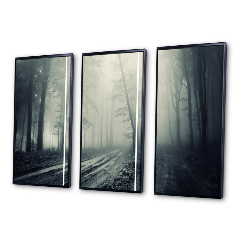 «Spooky Dark Forest With Fog», ensemble d'art mural sur toile encadré paysage, Cadre noir, H 28 po x l 36 po x P 1 po