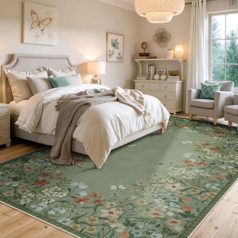  Vintage Floral Washable Area Rug with Non-Slip Backing, Low-Pile Green Rug for Living Room, Bedroom & Dining Room