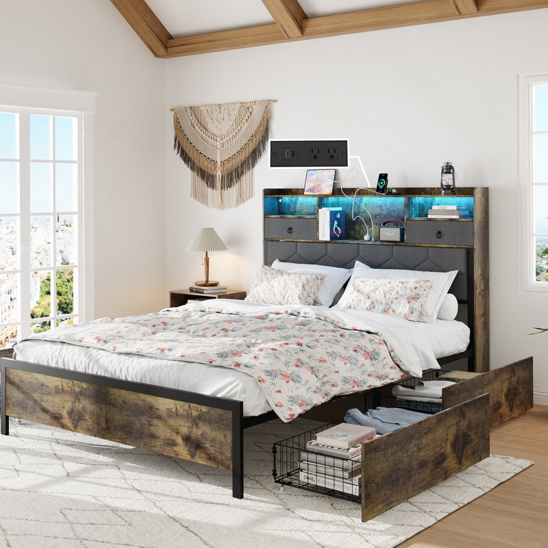 Queen Size Vintage Brown Upholstered Metal Frame Bed with Storage and Charging Station