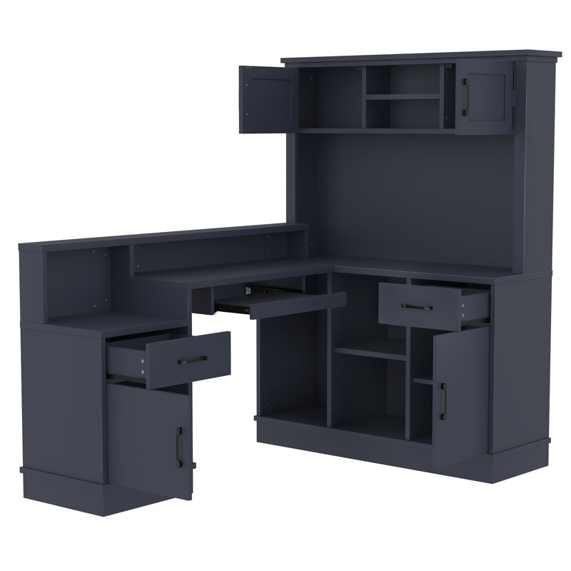 L-Shaped Computer Desk With Outlet(Not Including Chair), Blue/Blue