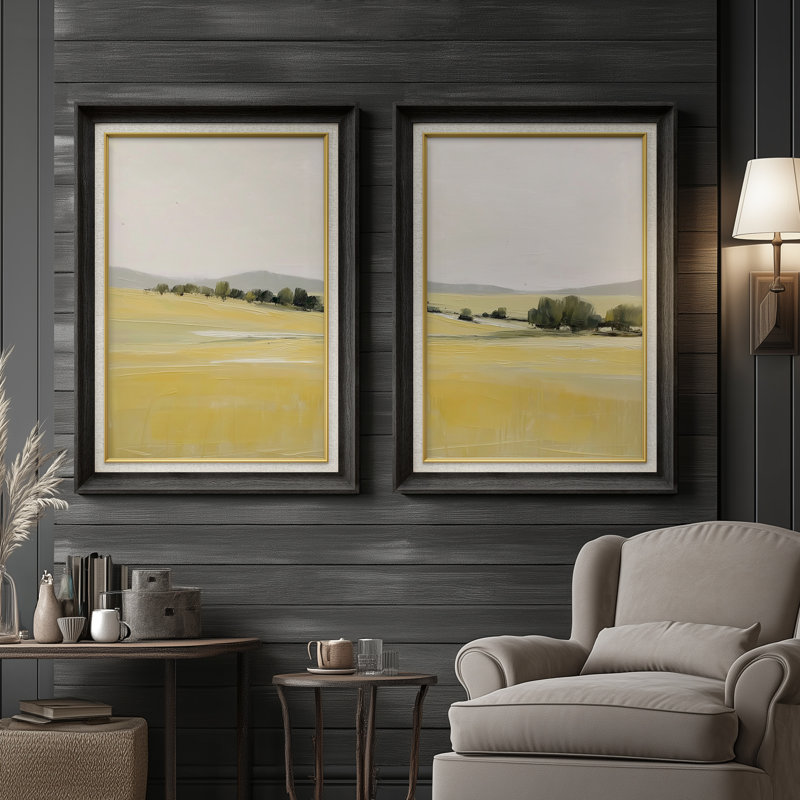 «Meadow Fields Bright Serene Landscape», ensemble de 2 reproductions d'art encadrées sur papier de qualité supérieure 26 po x 36 po