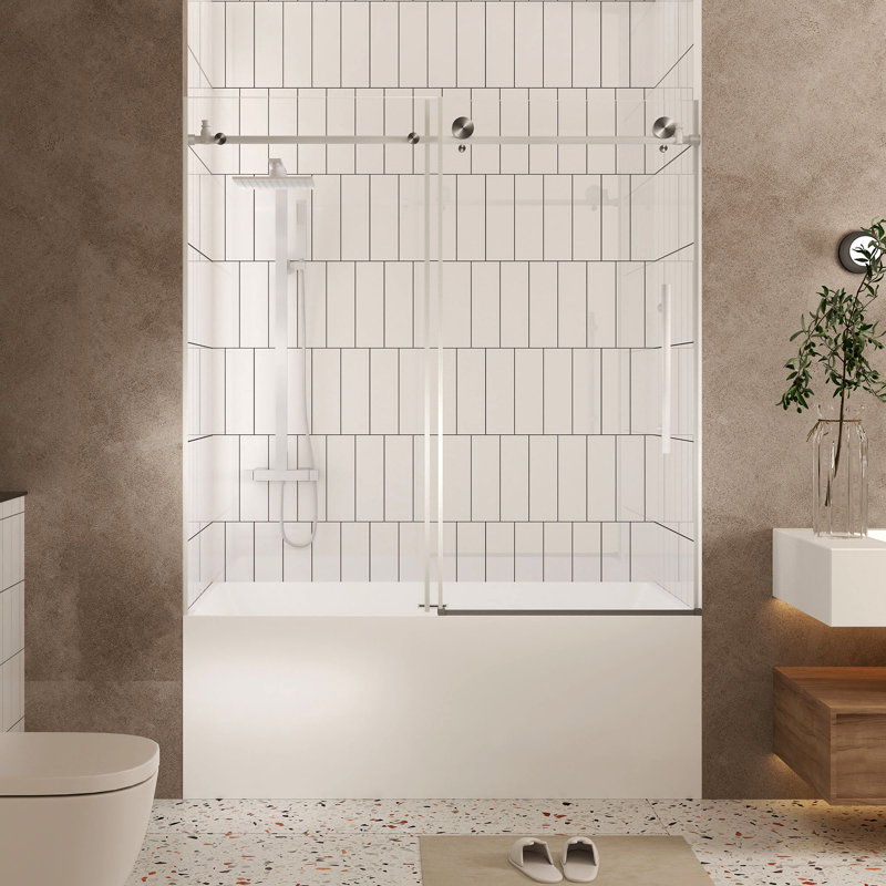 Frameless Shower Door 60 "W X 60" H, 1/4 "(6 Mm) Clear Tempered Glass, Explosion Proof Film, Stainless Steel Handle
