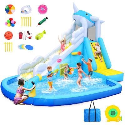 Inflatable Water Slide For Kids Backyard Blow Up Water Park With Narwhal Waterfall Rush Slide & Large Splash Pool, Climbing Wall, Basketball Hoop For Summer Outdoor Fun Birthday Party Gift