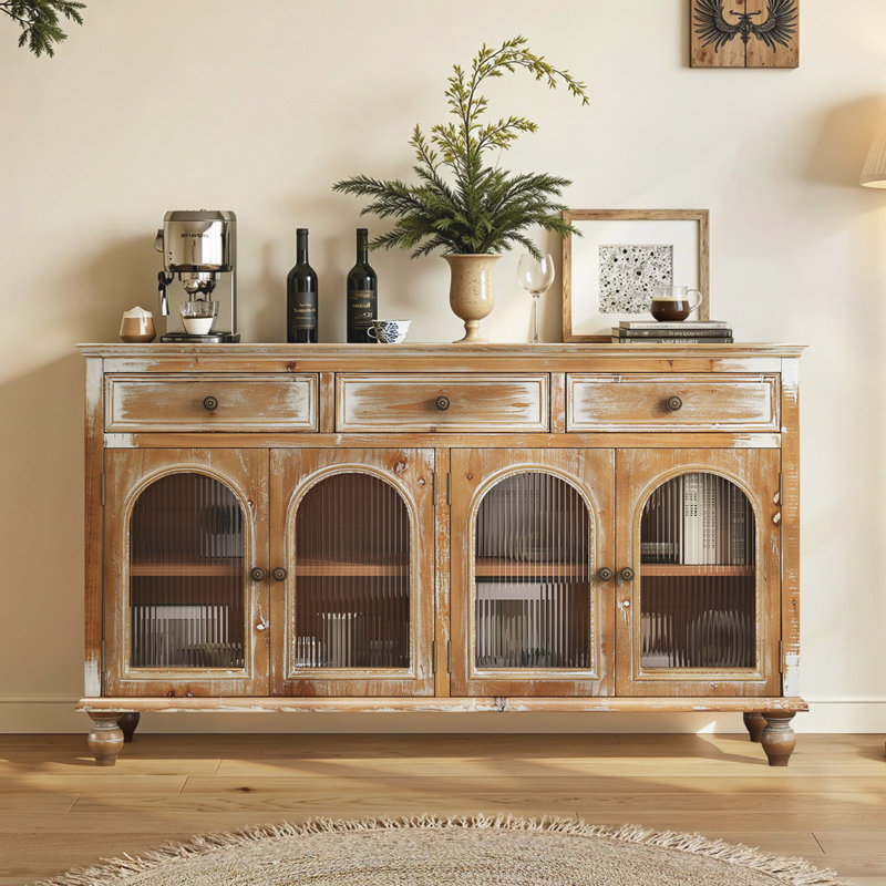 60"Modern Sideboard Buffet, Storage Cabinet With Solid Wood Legs, Shelves For Kitchen, Dining Room, Living Room, Natural