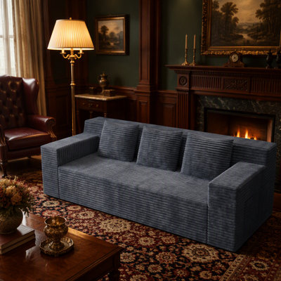 Canapé deux places en velours côtelé de 71 pouces avec assise profonde, conception modulaire sans assemblage, poches latérales et trois coussins décoratifs pour les espaces de vie compacts.
