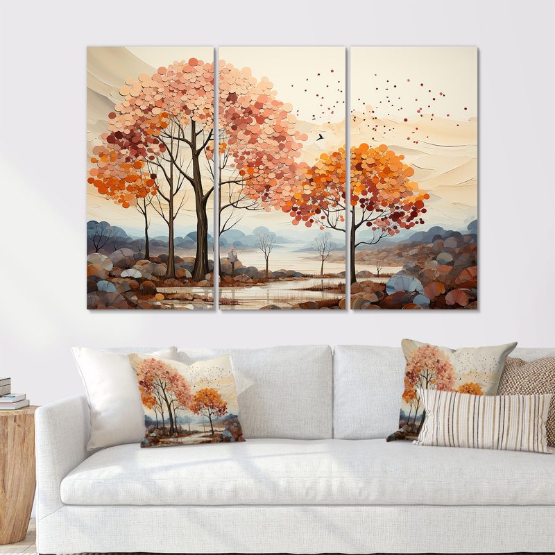 «Mute Tone Maple Trees Collage», ensemble de reproduction d'art mural érable, H 28 po x l 36 po x P 1 po, Toile tendue