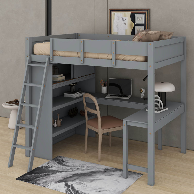 Lit mezzanine double avec bureau et tablettes, Grey