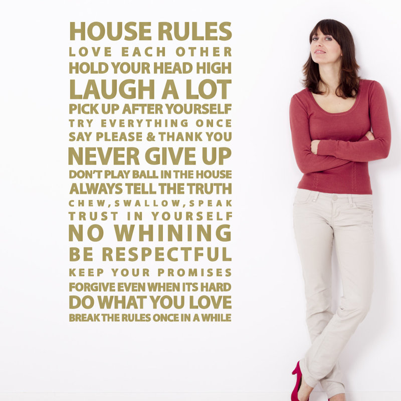 Décalcomanie murale citation "house rules", H 24 po x l 13 po x P 0,01 po, Or