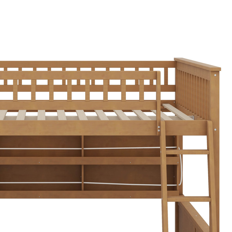 Bunk Bed Equipped With Built-In Shelving, Adjustable Lights And Perforated Board, Brown, Full XL Over Queen