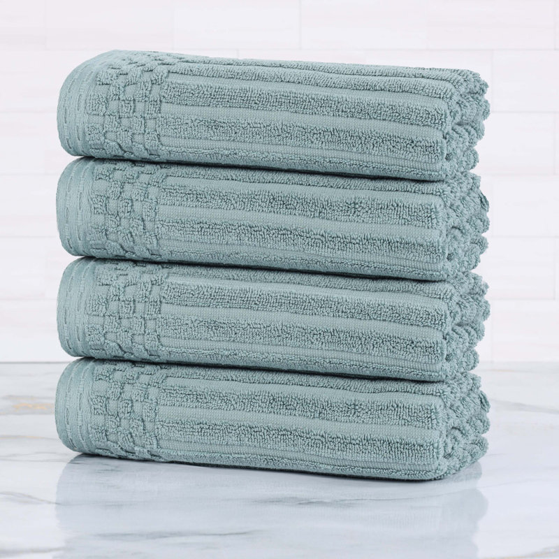 Kleiman Cotton Highly Absorbent Solid and Checkered Border Hand Towel Set, Green