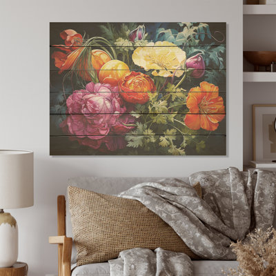 «Whimsical Blooming Reflections - Fleurs», art mural sur bois de pin naturel