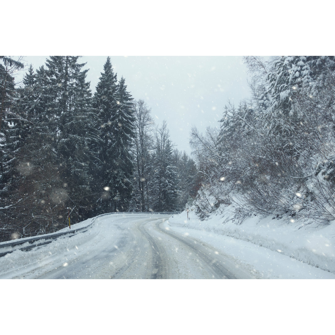 Winter Road From The Car von Saso Novoselic - Kunstdrucke ohne Rahmen auf Leinwand