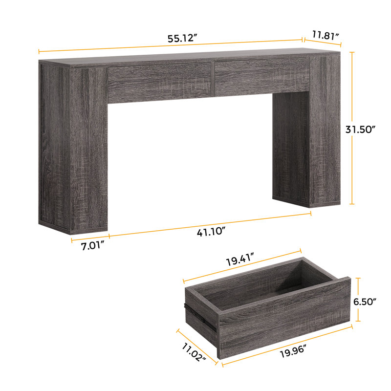 Console Diyanna 55,12 po avec 2 tiroirs et lumière DEL, Gris