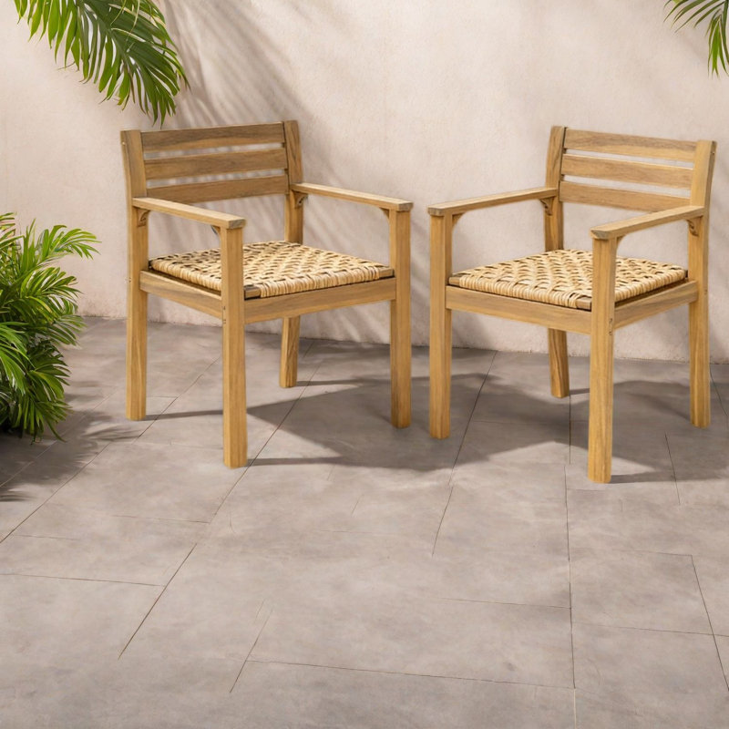 Ensemble de 2 chaises de salle à manger rustiques pour patio, assises en osier de bois d'acacia, teck clair