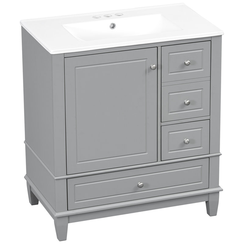 Meuble-lavabo 30 po avec lavabo, une porte avec tablette et trois tiroirs, porte à fermeture en douceur, Gris