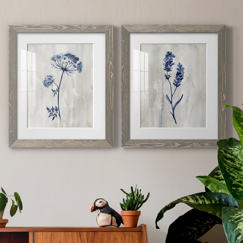 «Indigo Botanical I», ensemble de 2 reproductions d'impressions, Impression encadrée avec passe-partout, H 24 po x l 36 po