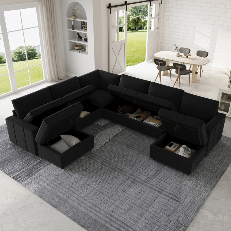 Canapé modulaire de rangement en U avec deux repose-pieds, Velours noir