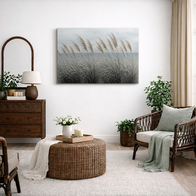 Œuvre neutre d'herbe côtière, photos de salon bord de mer minimal, impression sur toile encadrée, Toile tendue