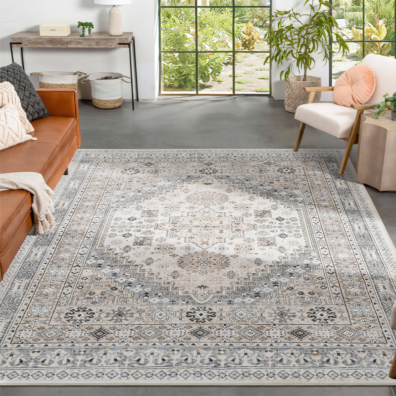 Medallion Non Slip Washable Rug(Beige), Rectangle 2' x 3'