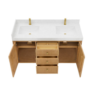 Thea 60" Double Sink Bath Vanity in Fir Wood Brown with White Grain Composite Stone Top