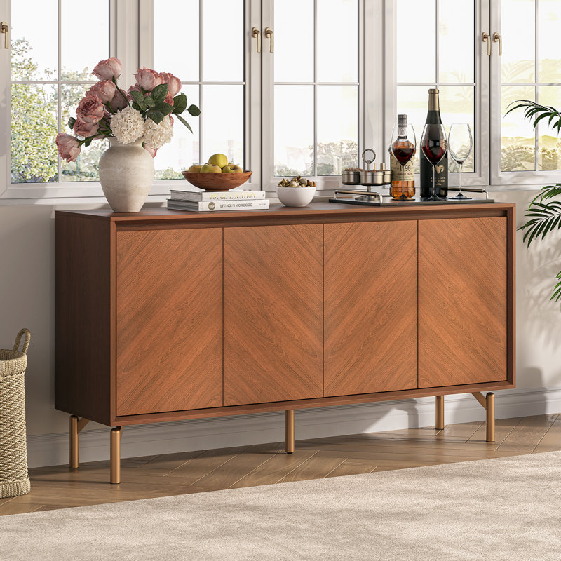 Armoire de rangement, buffet de 59 po avec 4 portes, armoire d'appoint en bois de style Mid-Century moderne, crédence à chevrons pour salle à manger, salon, entrée, brun