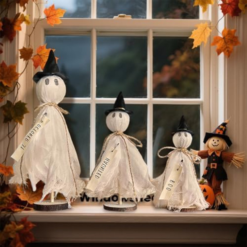 Décorations d'Halloween pour l'intérieur - 3 fantômes d'Halloween primitifs avec chapeau
