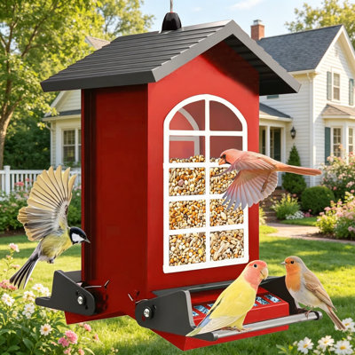 Mangeoire à oiseaux à l'épreuve des écureuils pour oiseaux sauvages d'extérieur, mangeoire en métal robuste avec perchoirs activés par le poids, capacité de 5 lb, rouge