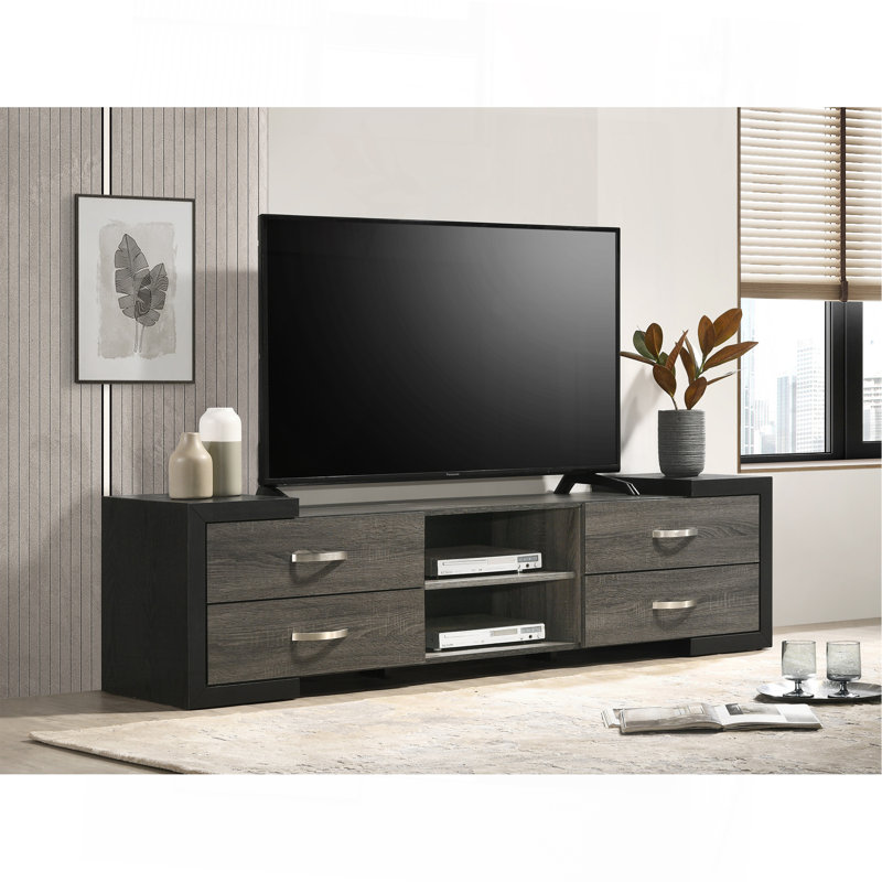 Meuble télé 1Pc avec tablettes ouvertes contemporaines et poignées en métal brossé