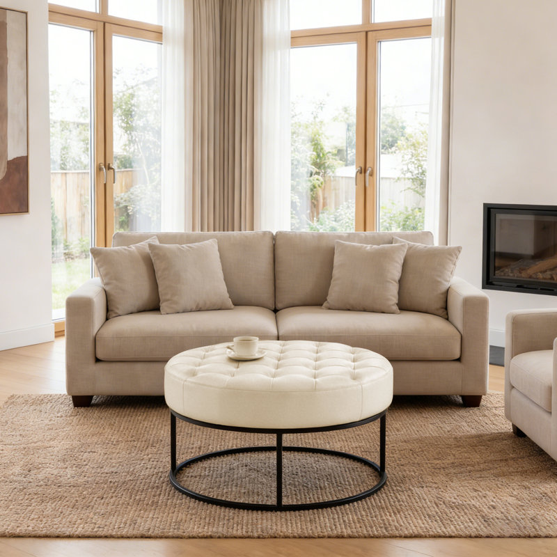 Owen Genuine Leather Round Ottoman, White