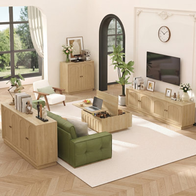 4-piece Living Room Furniture Set--63" Buffet Sideboard Cabinet, 31.5" Accent Cabinet, 31.5" Square Lift Top Coffee Table, 67" Fluted Tv Stand & Sideboard, Natural