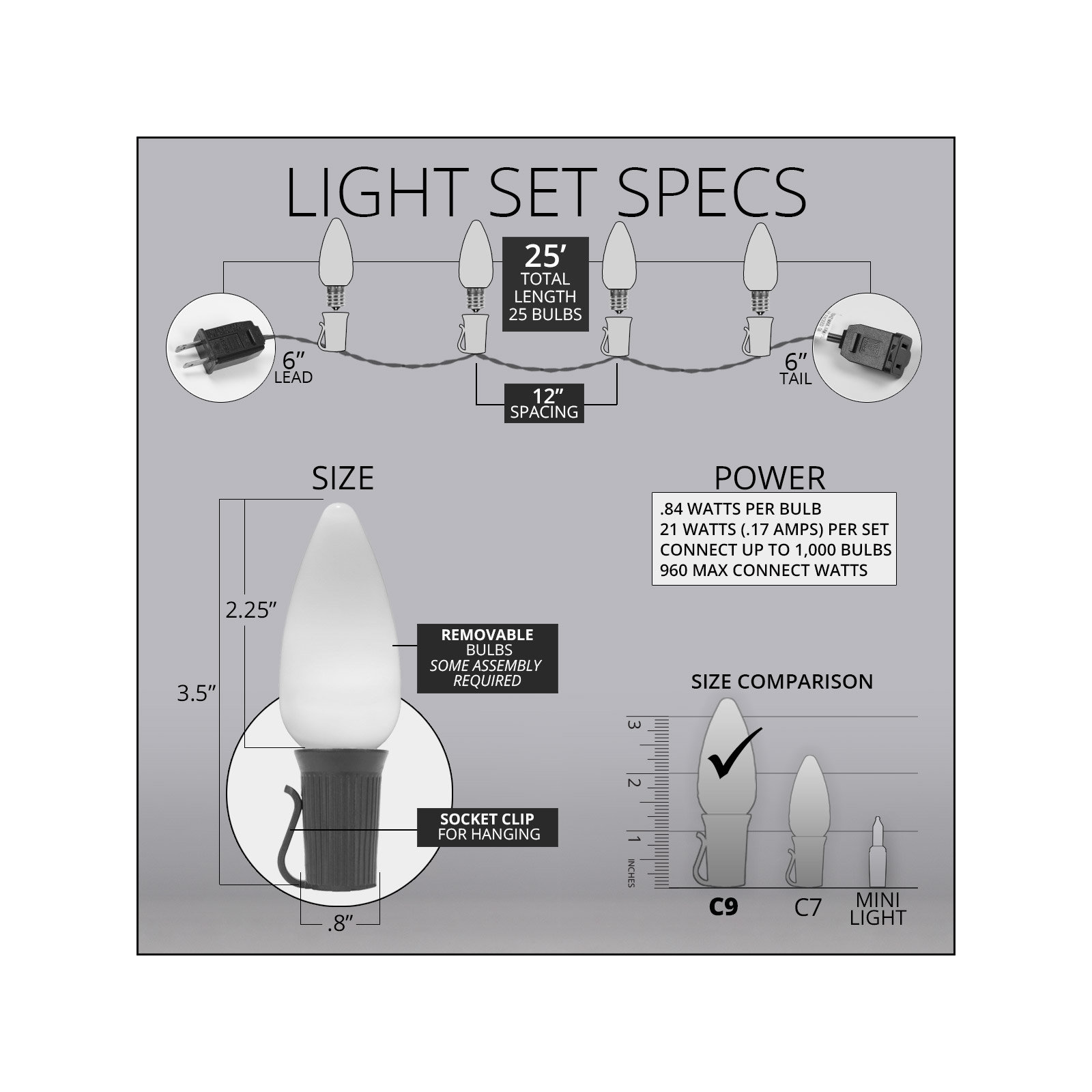 Shatterproof Smooth C9 OptiCore LED Christmas String Lights, 25, Cool White