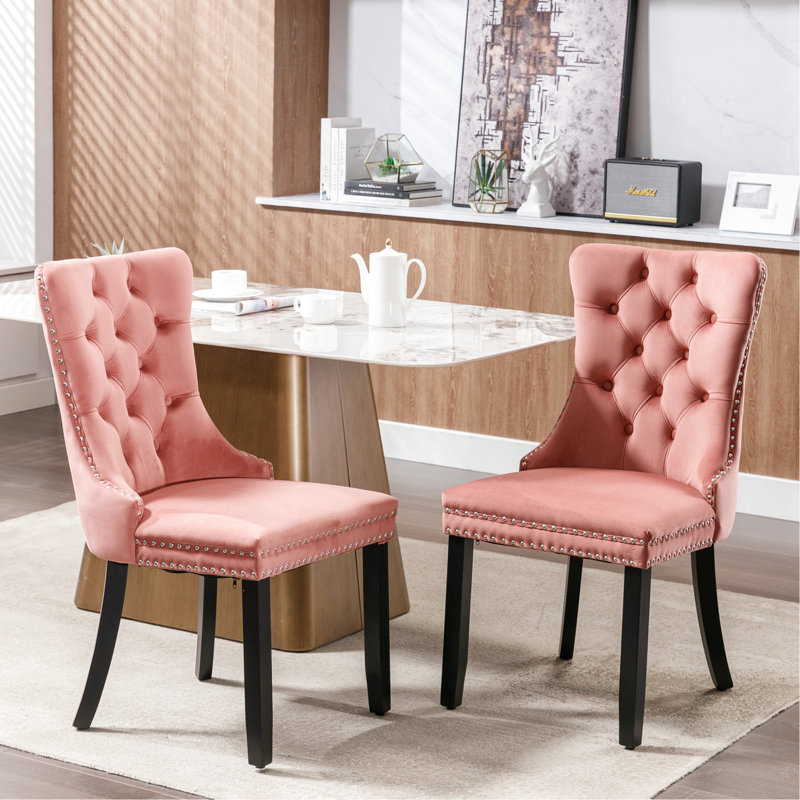 Chaise de salle à manger moderne avec pieds en bois massif et revêtement en velours rose, Rose, Noir