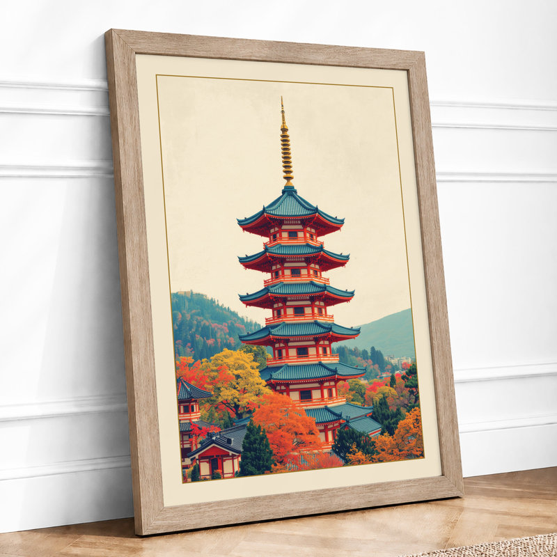 Pagoda in Gold Japandi - Framed Print, A3 - 42.0 x 29.7 cm, Oak