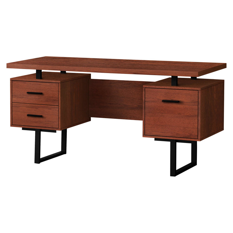 Bureau d'ordinateur élégant pour le bureau personnel: l 60 po, stratifié brun, métal noir, rangement, ordinateur portable, poste de travail d'apparence moderne