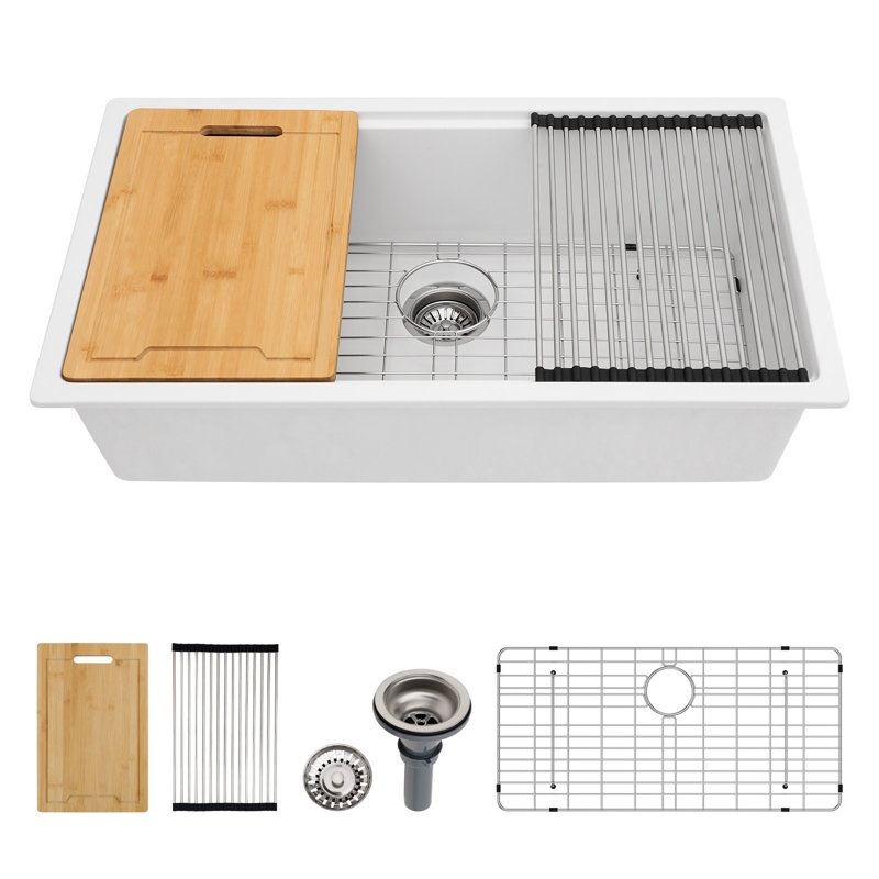Évier de cuisine encastré en granite 32 po x l 19 po Beslend, blanc, H 9,65 po x L 32 po x l 19 po