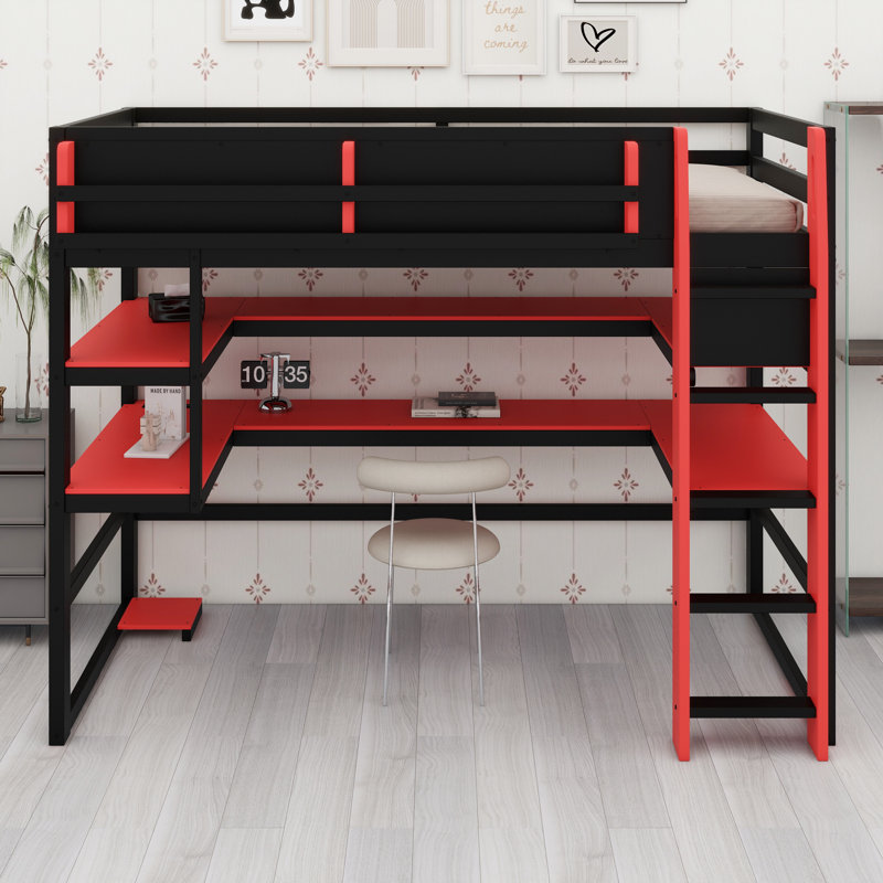 Modern Elevated Bed with Dedicated Workspace, Vertical Side Storage, Comprehensive Bookcase Shelving, and Adjustable RGB Illumination