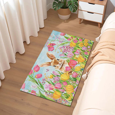 Area Rug Rabbit Door Mat Spring Tulip Flower Entry Way Rug Non-Slip Rubber Backing Bunny Washable Throw Rug 24X36 Inch For Kitchen Living Room Bathroom Front Door Entrance