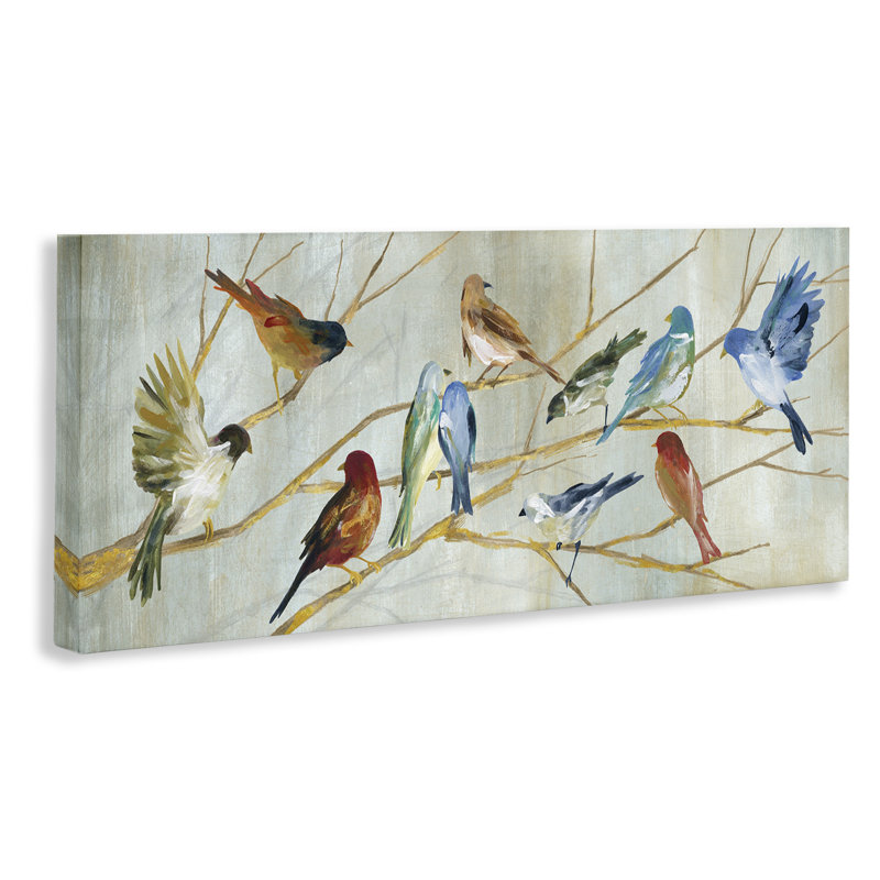 Oiseaux au repos, branches d'arbres d'automne, bleu, rouge, brun, estampe numérique encadrée, art texturé par Carol Robinson