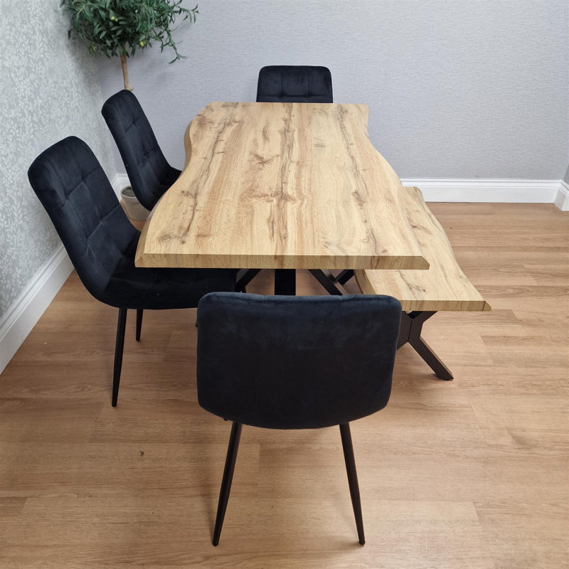 Wooden Brown Dining Table with Bench and 4 Velvet Chairs  Dining Room Furniture, Black