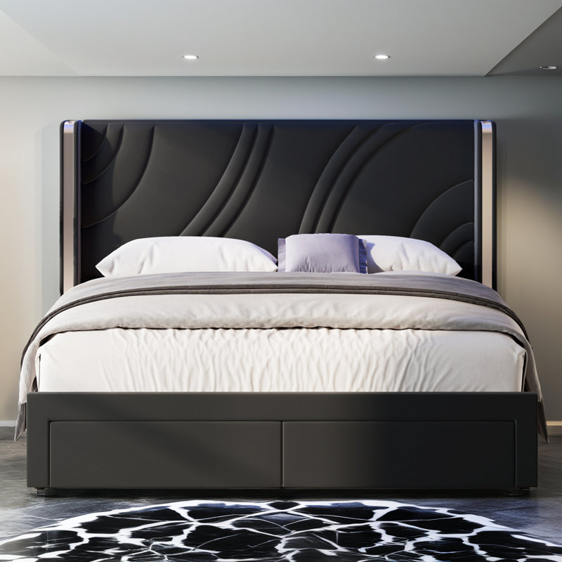 Structure de lit à DEL grand en velours noir - Lit plateforme tapissier moderne avec éclairage RVB, tête de lit à oreilles et tiroirs de rangement, aucun sommier nécessaire