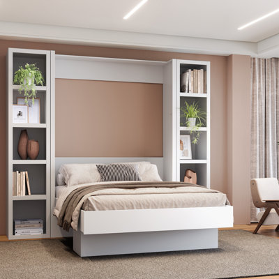 Lit escamotable Easy-Lift en grain de bois avec deux étagères