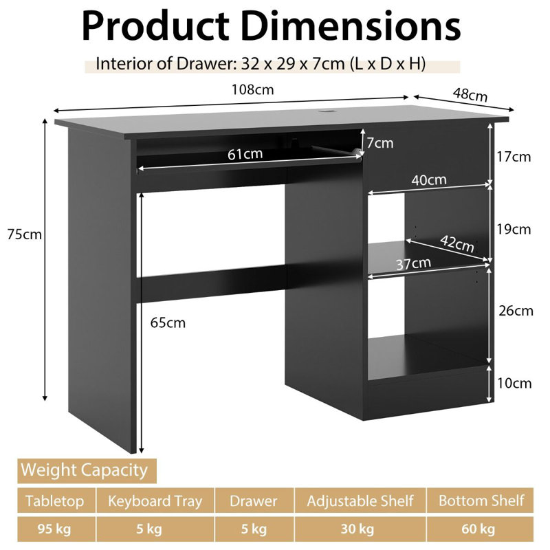 108Cm W Rectangular Computer Desk, Black