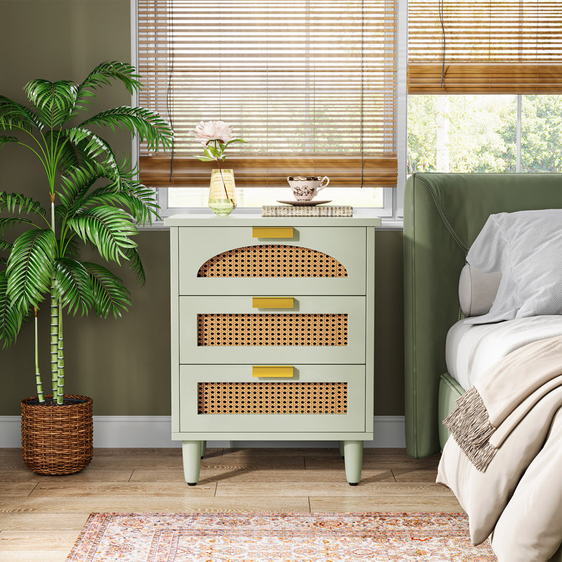 3-Drawer Rattan Nightstand Green, Individuel