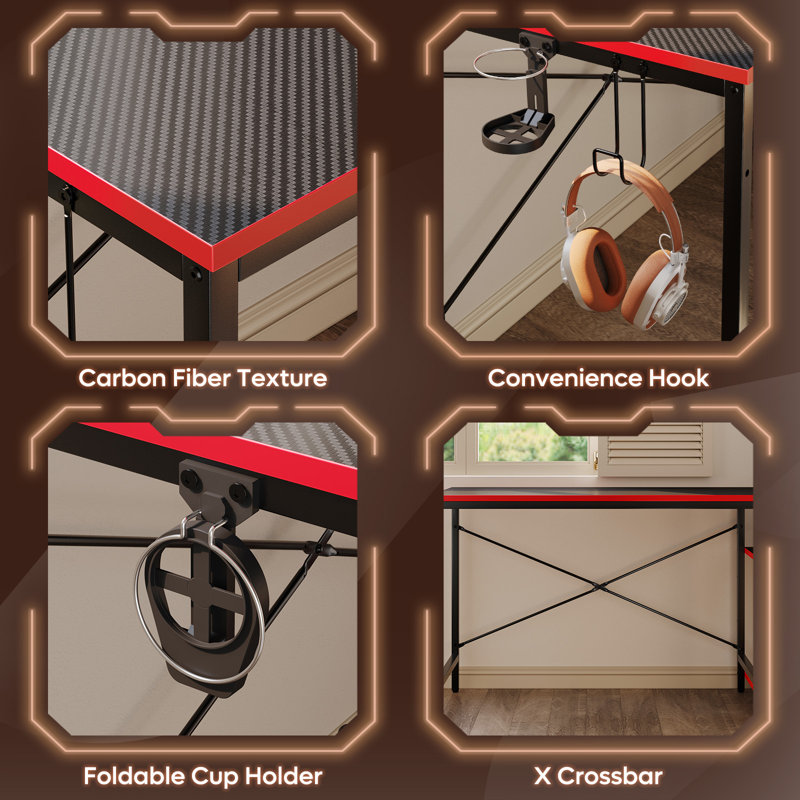 Monike 44'' W Computer Desk With Led Lights & Reversible Storage Shelves,Home Office Desk With Hooks, CPU Stand,Cup Holder and Cloud Magnets.