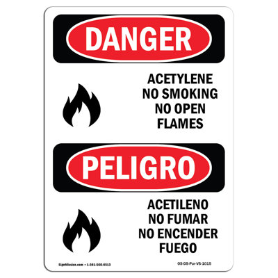 Acetylene No Smoking No Open Flame Bilingual Danger Sign