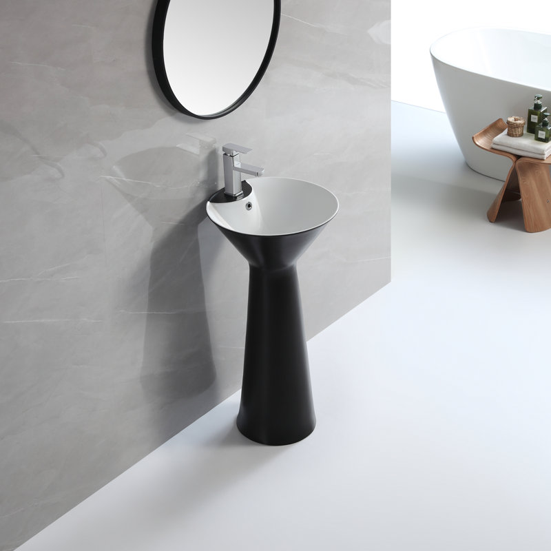Lavabo de salle de bain piédestal circulaire en céramique avec trop-plein 34,62 po, Noir