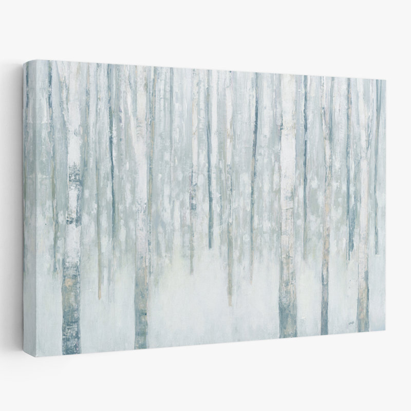 Abstrait et bouleaux en hiver, art bleu gris, H 16 po x l 24 po